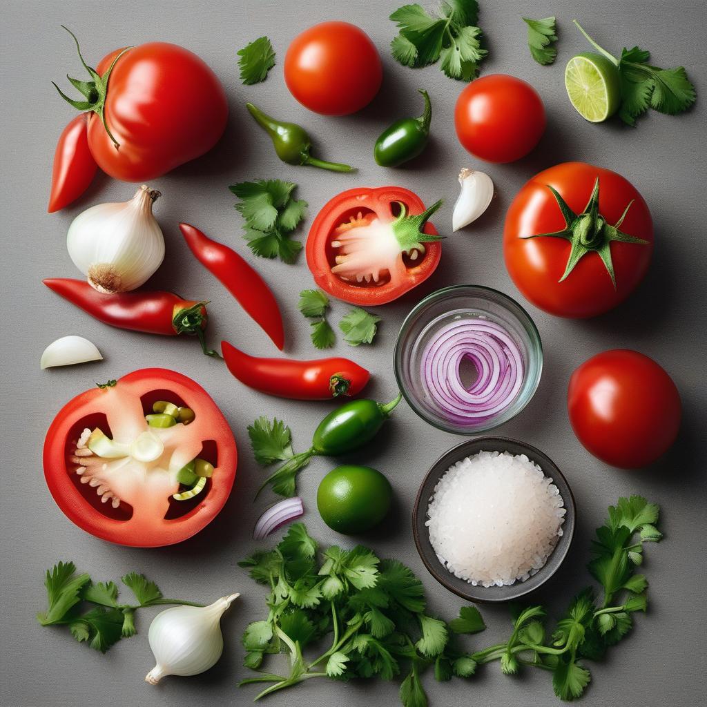 Items needed to answer the question, How do I make Fresh Tomato Salsa. Items include:  Tomatoes  Onion  Jalapeno pepper  Garlic  Cilantro  Lime  Salt and pepper