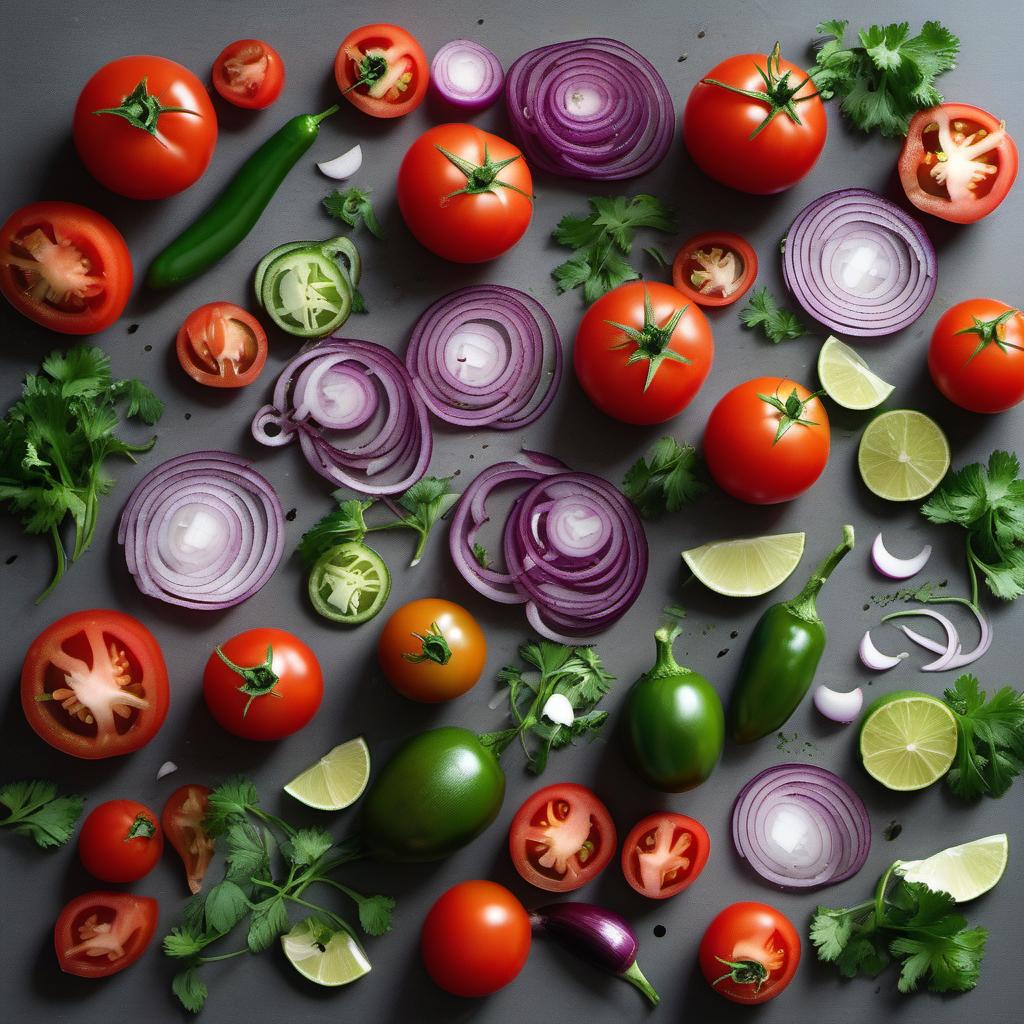 Items needed to answer the question, How do I spice up my recipes with Pico de Gallo. Items include:  Tomatoes  Red Onion  Jalapeno  Cilantro  Lime  Salt and Pepper