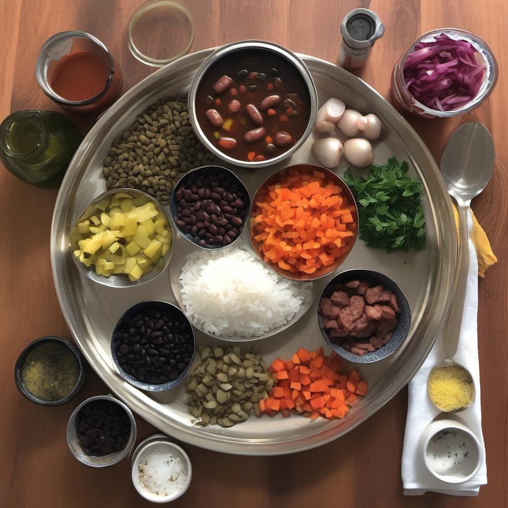 Items needed to answer the question, How do I veganize Feijoada Experience the plant-based twist on this Brazilian classic. Items include:  Black beans  Olive oil  Onion  Garlic cloves  Carrots  Bell peppers  Bay leaves  Cumin  Paprika  Smoked paprika  Vegetable broth  Vegan sausages  Salt and pepper  Rice  Fresh cilantro  Lime