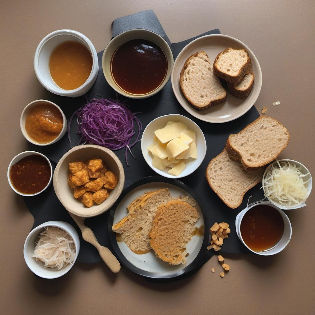 Items needed to answer the question, How do I veganize a Reuben Sandwich. Items include:  Tempeh  Soy sauce  Liquid smoke  Garlic powder  Maple syrup  Vegan bread  Vegan Russian dressing  Vegan cheese slices  Sauerkraut