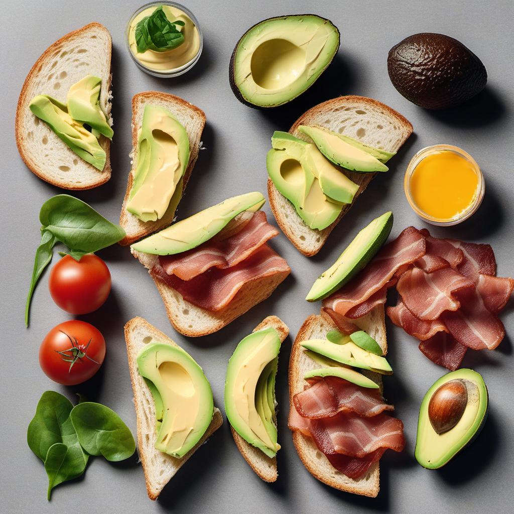 Items needed to answer the question, How do I level up my BLT game. Items include:  Bread  Bacon  Cheese  Avocado  Lettuce  Tomato
