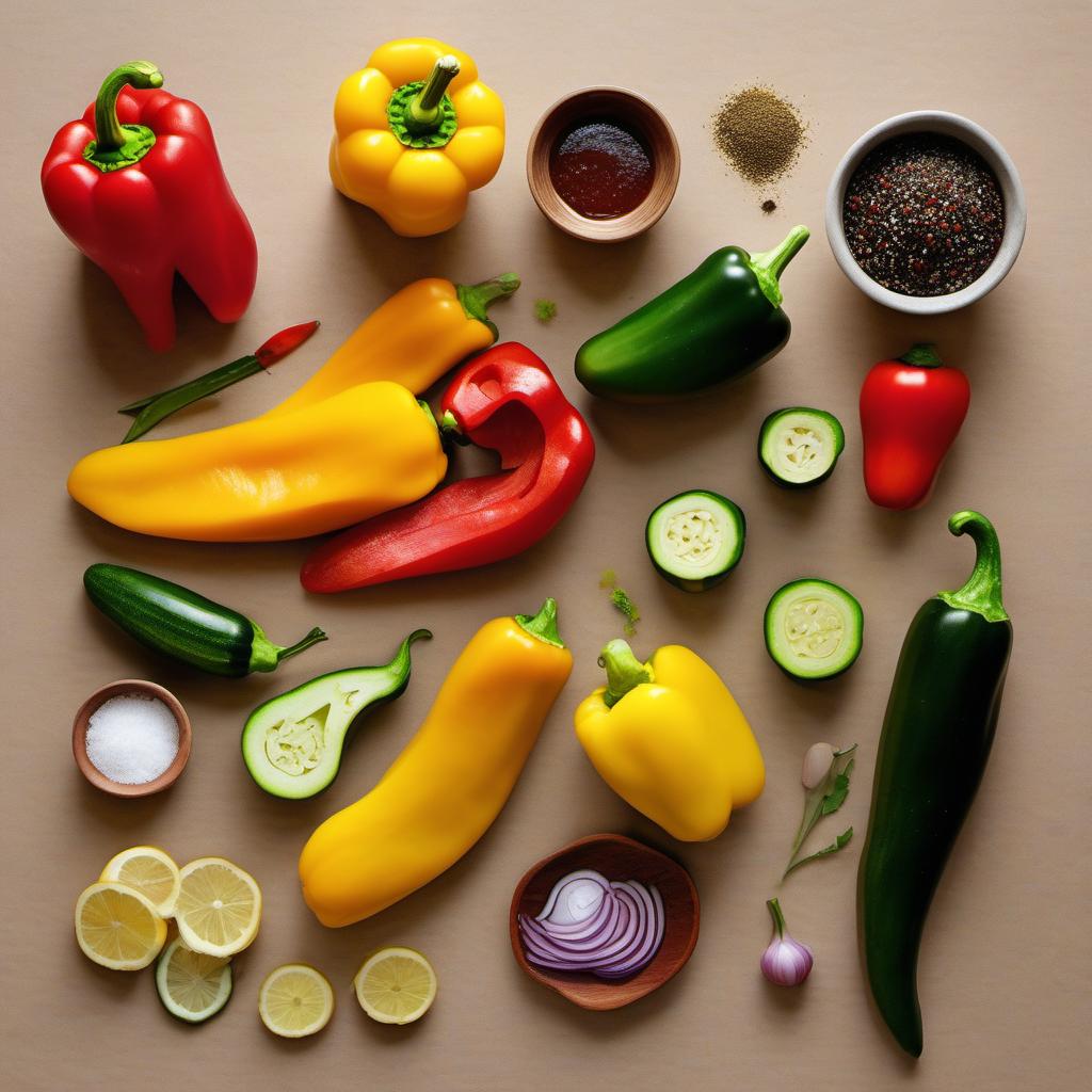 Items needed to answer the question, How do I make vegetarian kebabs. Items include:  Red Bell Pepper  Yellow Bell Pepper  Zucchini  Red Onion  Olive Oil  Soy Sauce  Honey  Lemon Juice  Paprika  Salt and Pepper