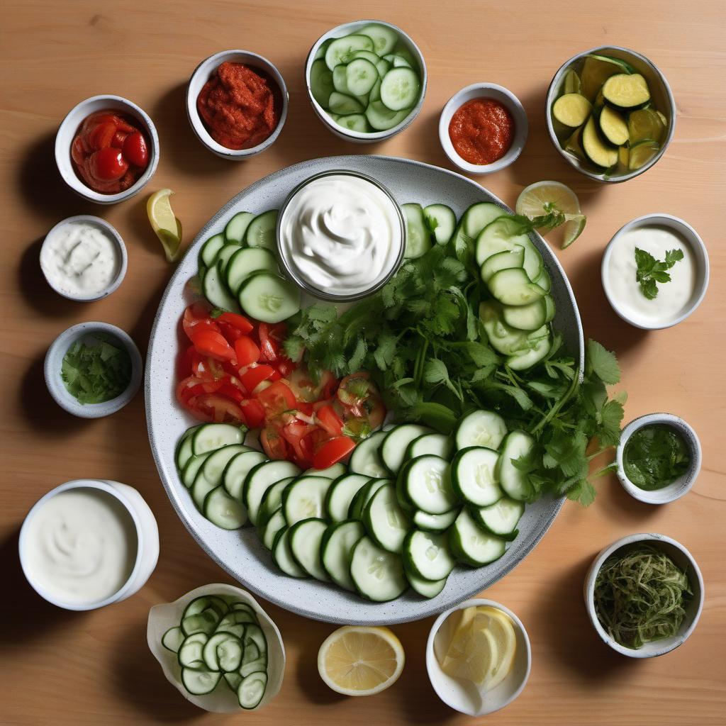 Items needed to answer the question, How do I jazz up my Shawarma toppings. Items include:  Greek yogurt  Garlic  Lemon  Salt  Mayonnaise  Harissa paste  Cucumbers  Tomatoes  Pickles  Lettuce  Jalapenos  Parsley  Mint  Cilantro
