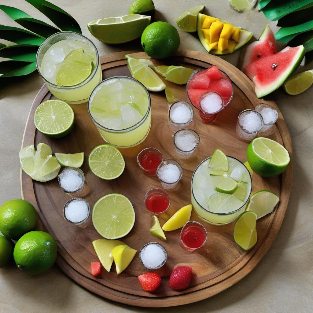 Items needed to answer the question, How do I create a Margarita Party Bar. Items include:  Lime Juice  Triple Sec  Simple Syrup  Tequilas (Blanco, Reposado, Añejo)  Sliced Limes  Salt  Crushed Ice  Lime Wedges  Fresh Fruit (Watermelon, Mango, Strawberry)  Festive Paper Umbrellas  Straws