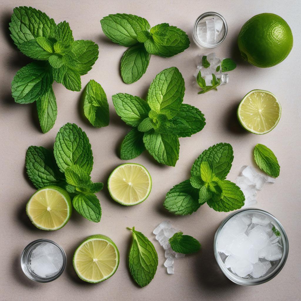 Items needed to answer the question, How do I make a non-alcoholic Mint Mojito mocktail. Items include:  Fresh mint leaves  Lime juice  Sugar  Club soda  Ice