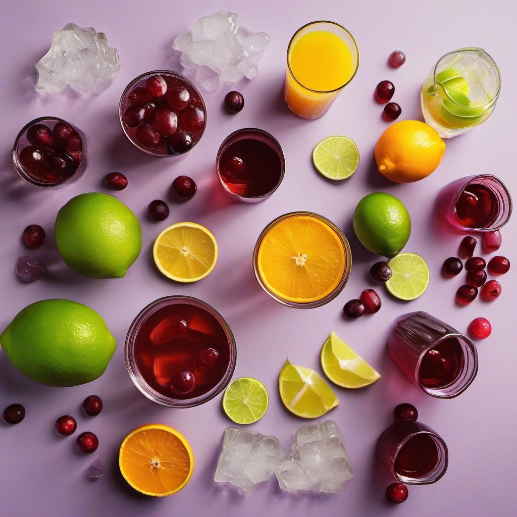 Items needed to answer the question, How do I make a refreshing Sangria mocktail. Items include:  Grape Juice  Orange Juice  Cranberry Juice  Lemon Juice  Lime Juice  Orange  Apple  Lemon  Lime  Sparkling Water  Ice Cubes