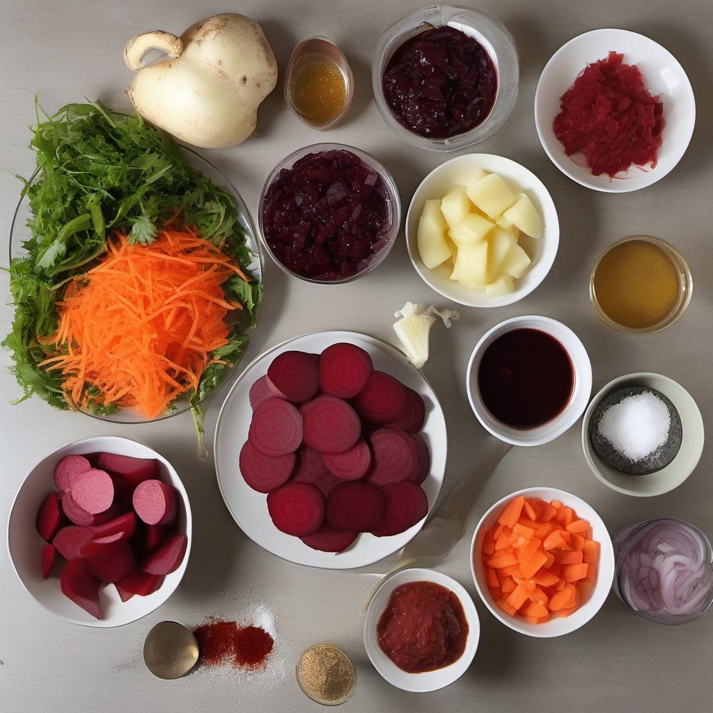Items needed to answer the question, How do I make a no-fail Borscht recipe. Items include:  Beets  Potatoes  Onion  Carrots  Beef or Vegetable Broth  Tomato Paste  Red Wine Vinegar  Bay Leaf  Sugar  Salt  Pepper