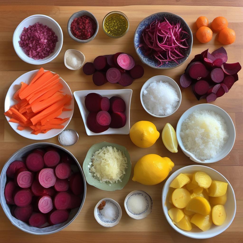 Items needed to answer the question, How do I add a unique twist to classic Borscht. Items include:  Beets  Olive oil  Salt  Spices  Lemon  Orange  Onion  Garlic cloves  Chili pepper  Carrots  Celery stalks  Bell pepper  Vegetable broth  Salt and pepper  Herbs and spices  Sour cream  Fresh dill  Extra virgin olive oil