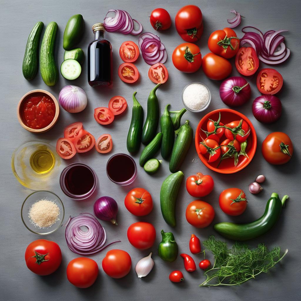 Items needed to answer the question, How do I make a refreshing gazpacho popsicle. Items include:  Tomatoes  Cucumber  Red Bell Pepper  Red Onion  Garlic  Extra Virgin Olive Oil  Red Wine Vinegar  Salt  Cayenne Pepper