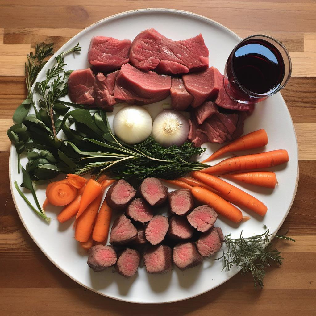 Items needed to answer the question, How do I make Beef Bourguignon in a slow cooker. Items include:  Beef cubes  Onions  Carrots  Garlic cloves  Red wine  Beef broth  Thyme  Bay leaves  Salt  Pepper