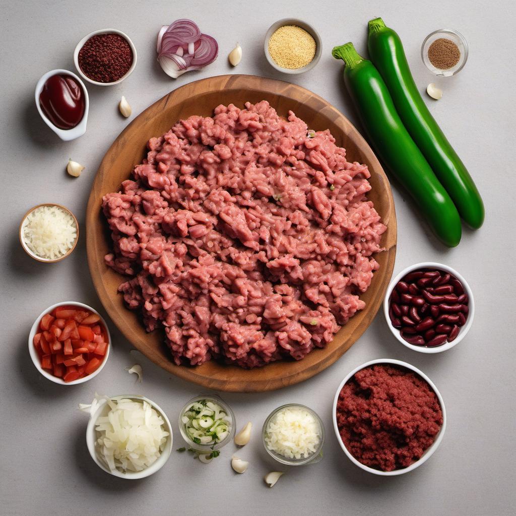 Items needed to answer the question, How do I make a quick and easy Chili Con Carne. Items include:  Ground beef  Onion  Garlic cloves  Diced tomatoes  Kidney beans