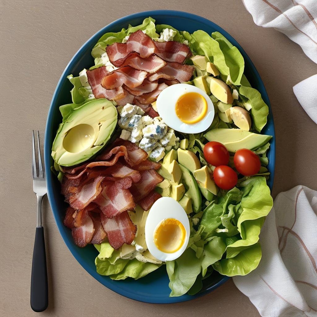 Items needed to answer the question, How do I make a delicious Cobb Salad. Items include:  lettuce  crispy bacon  chicken breast  hard-boiled eggs  cherry tomatoes  avocado  blue cheese  favorite dressing