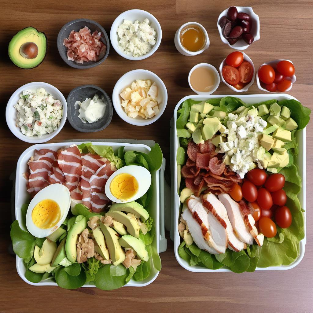 Items needed to answer the question, How do I pack a Cobb Salad for lunch. Items include:  lettuce  chicken breast  hard-boiled eggs  bacon  avocado  cherry tomatoes  blue cheese  salad dressing