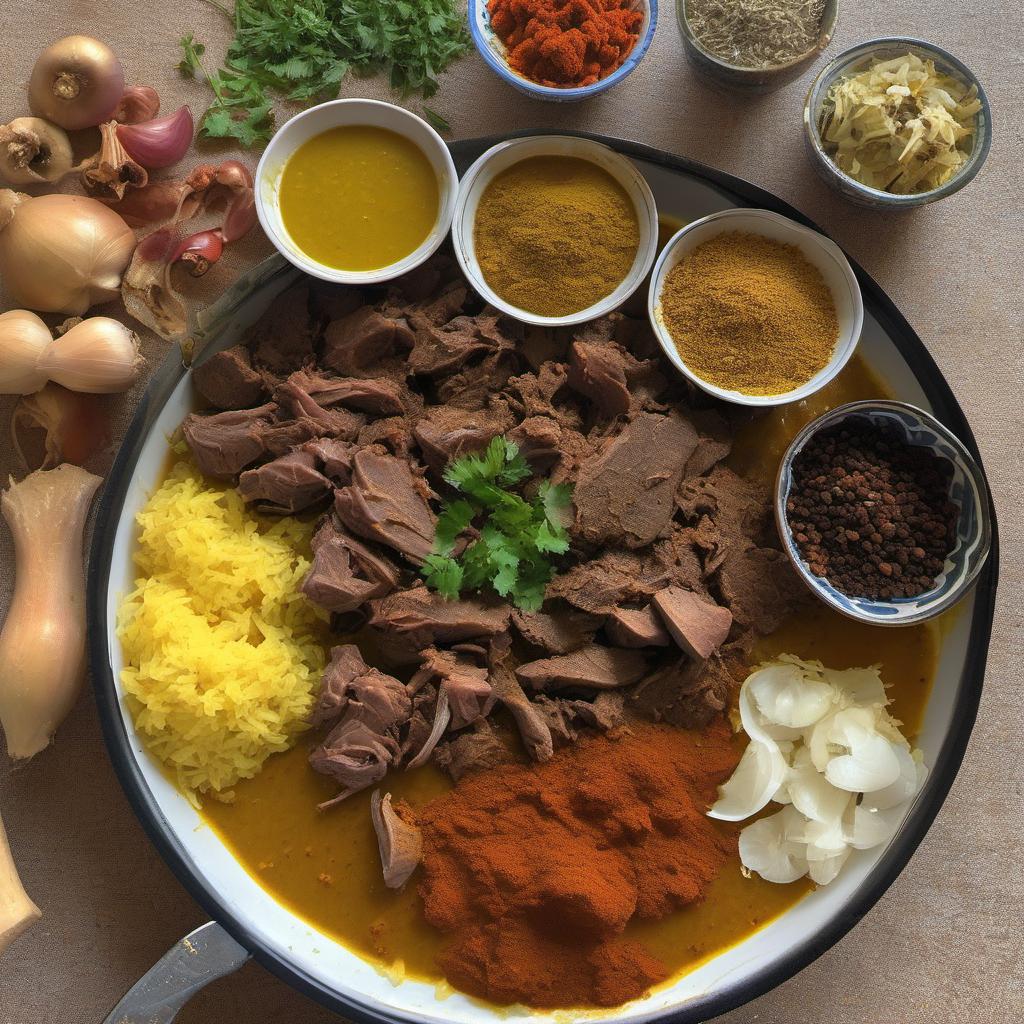 Items needed to answer the question, How do I cook a Jamaican-style Curried Goat. Items include:  goat meat  Jamaican curry powder  garlic  ginger  thyme  scotch bonnet pepper  oil  onions  allspice  curry powder  water or broth  salt and pepper  lime juice