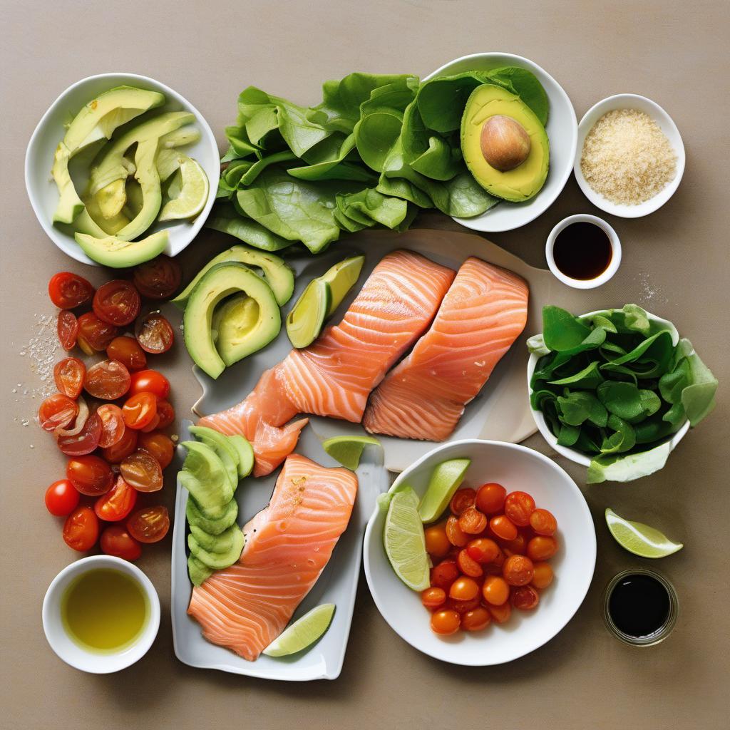 Items needed to answer the question, How do I prepare a mouthwatering Hawaiian Salmon Salad. Items include:  Salmon fillets  Olive oil  Salt and pepper  Lime juice  Soy sauce  Honey  Sesame oil  Lettuce leaves  Avocado  Cherry tomatoes  Cucumber  Red onion  Pineapple  Toasted sesame seeds