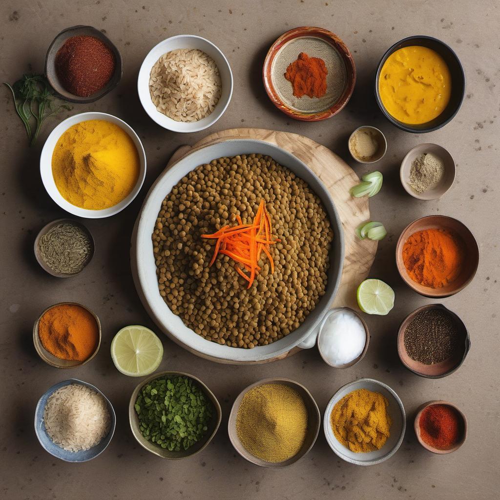 Items needed to answer the question, How do I make a hearty Lentil and Vegetable Curry. Items include:  Lentils  Vegetables  Spices  Coconut milk