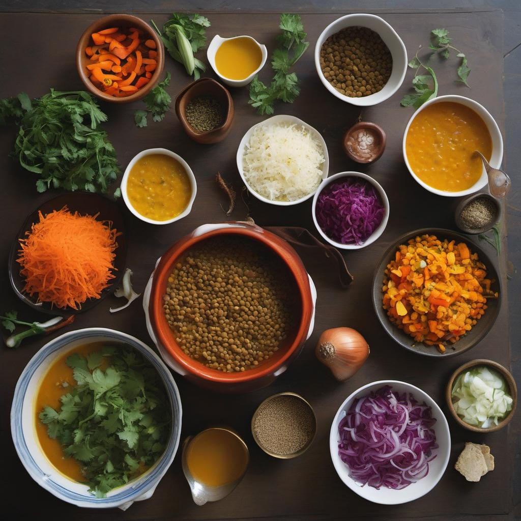 Items needed to answer the question, How do I whip up a quick and delicious Lentil and Vegetable Curry. Items include:  Lentils  Vegetable Broth  Onions  Bell Peppers  Carrots  Garlic  Ginger  Curry Powder  Turmeric  Cumin  Coriander  Salt and Pepper  Fresh Cilantro or Parsley