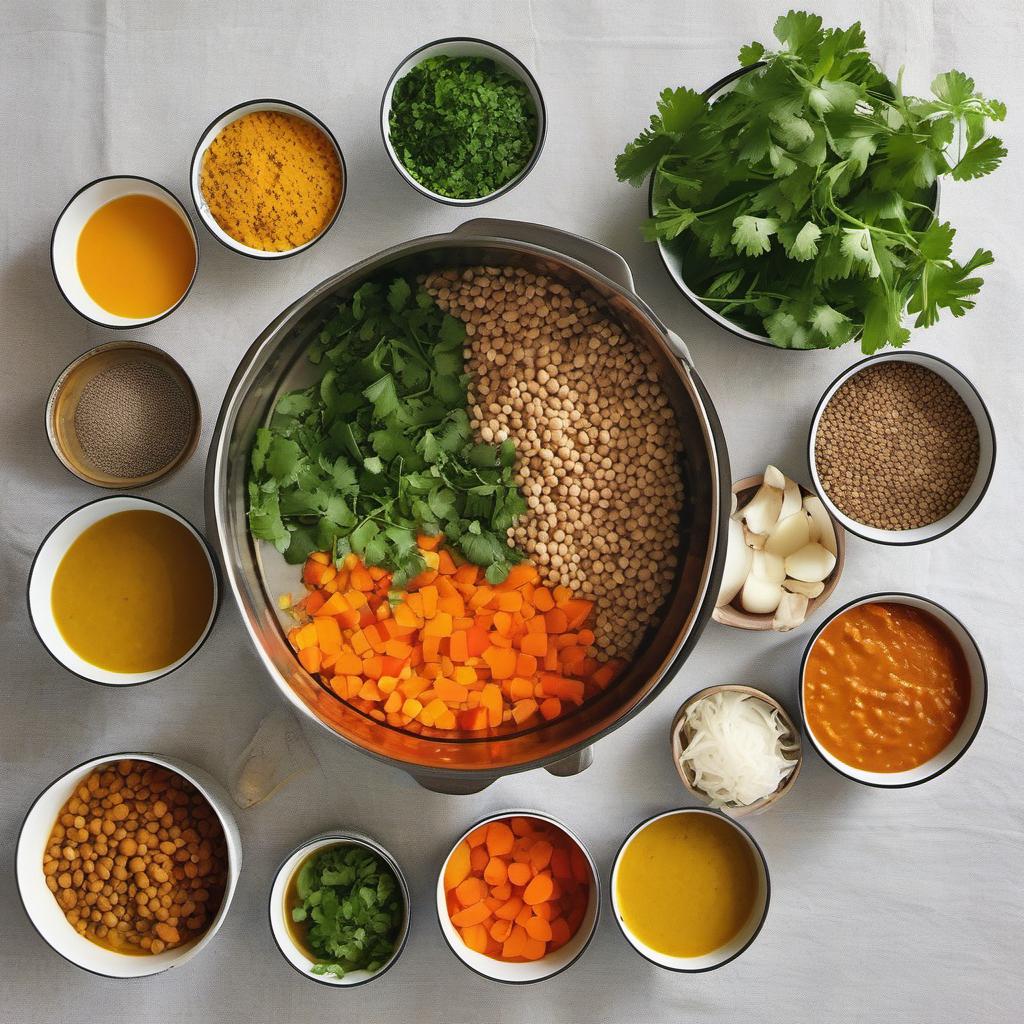 Items needed to answer the question, How do I create a comforting Lentil and Vegetable Curry. Items include:  Lentils  Onions  Carrots  Bell Peppers  Curry Powder  Cumin  Turmeric  Vegetable Broth or Water  Fresh Cilantro
