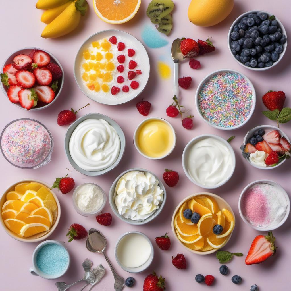 Items needed to answer the question, How do I make a whimsical rainbow Pavlova. Items include:  Egg Whites  Granulated Sugar  White Vinegar  Cornstarch  Food Coloring  Heavy Cream  Sugar  Fresh Fruits  Sprinkles