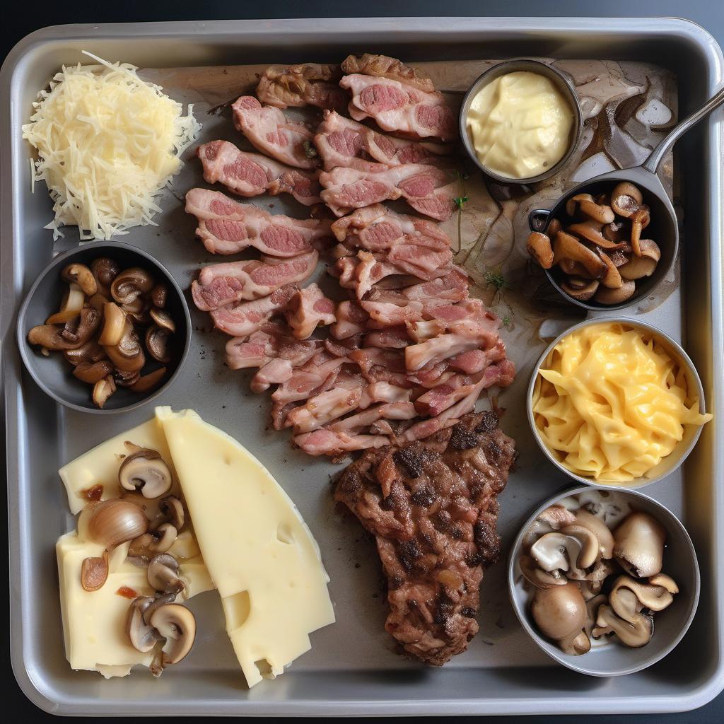 Items needed to answer the question, How do I add a twist to a Meat Pie. Items include:  Minced beef  Caramelized onions  Melted cheese  Chicken  Bacon  Mushrooms  Flour  Butter  Salt