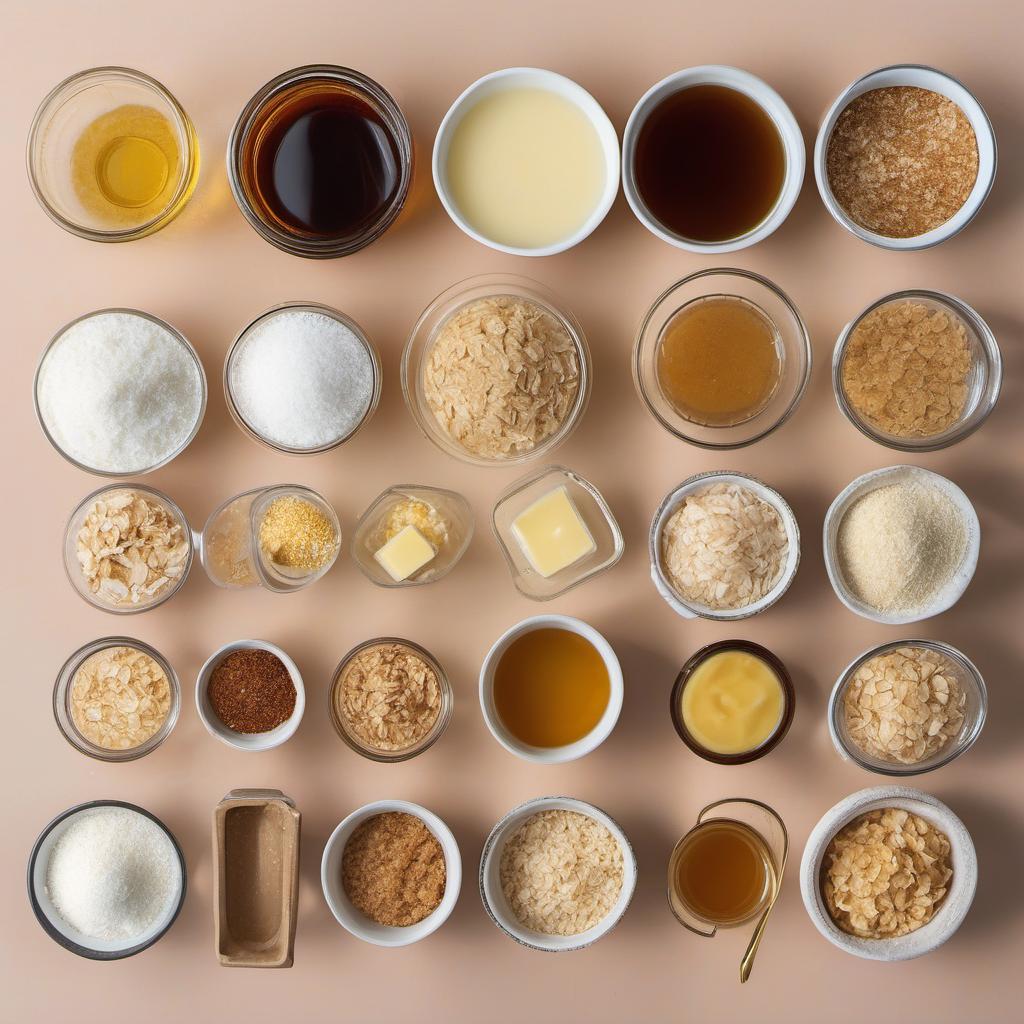 Items needed to answer the question, How do I make Anzac Biscuits with a modern twist. Items include:  Rolled oats  Plain flour  Desiccated coconut  Brown sugar  Melted butter  Golden syrup  Baking soda  Hot water