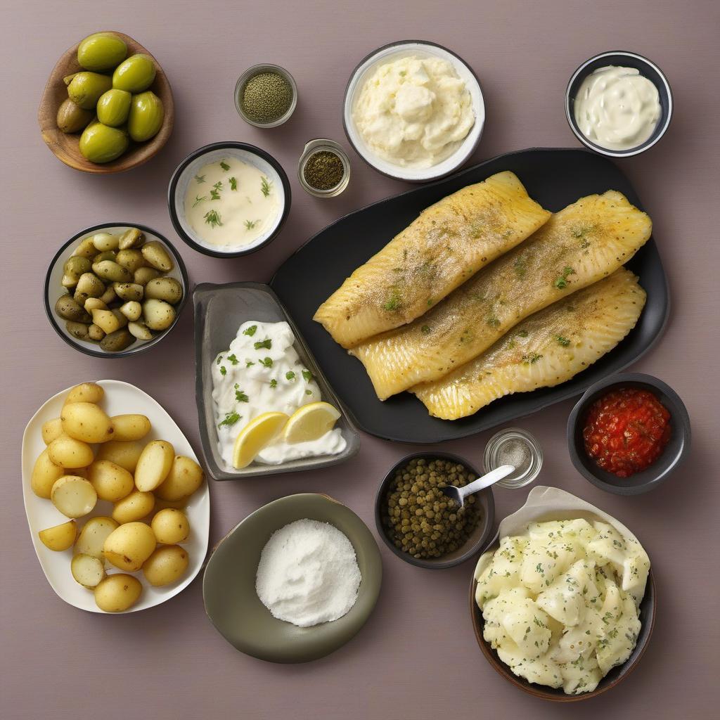 Items needed to answer the question, How do I bake Fish and Chips with Tartar Sauce. Items include:  Fish Fillets  Salt  Pepper  Lemon Juice  Flour  Cornstarch  Baking Powder  Potatoes  Olive Oil  Mayonnaise  Pickles  Capers  Lemon Juice (Tartar Sauce)  Dijon Mustard  Fresh Dill  Salt (Tartar Sauce)  Pepper (Tartar Sauce)