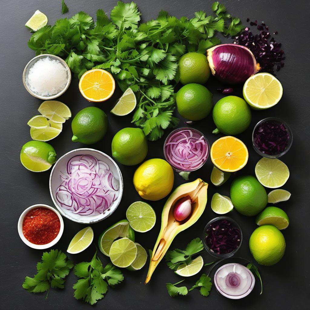 Items needed to answer the question, How do I upgrade my ceviche game with exotic fruits. Items include:  Exotic Fruits  Fresh Fish  Limes  Chopped Red Onion  Chopped Cilantro  Olive Oil  Salt and Pepper  Optional Garnishes