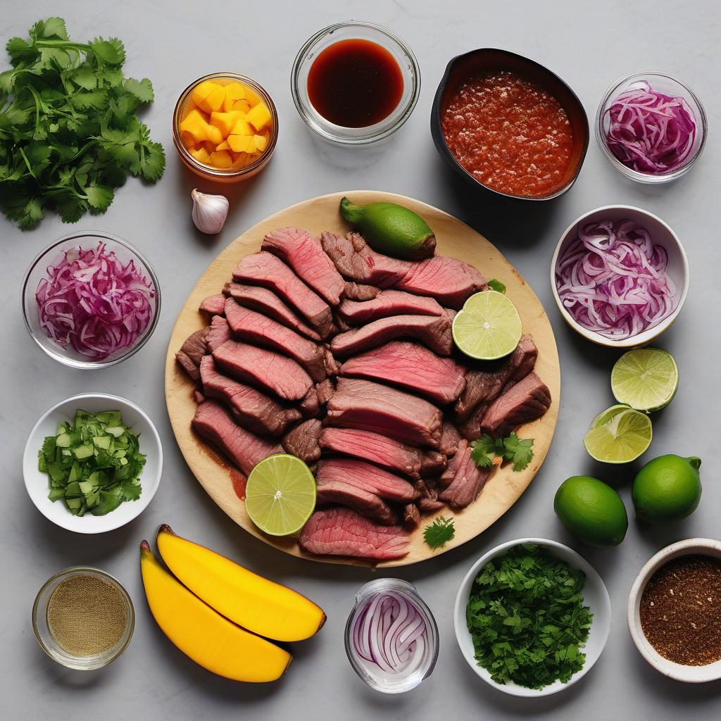 Items needed to answer the question, How do I add a twist to Lomo Saltado. Items include:  Beef  Soy sauce  Lime juice  Minced garlic  Cumin  Hot sauce  Mango  Red onion  Jalapeno  Cilantro  Lime juice (for salsa)  Salt  Chili powder (optional)  Oil (for cooking)