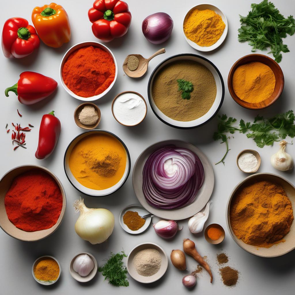 Items needed to answer the question, How do I make a vegetarian Rogan Josh. Items include:  Onion  Bell peppers  Potatoes  Cumin powder  Coriander powder  Turmeric powder  Red chili powder  Tomato puree  Plain yogurt