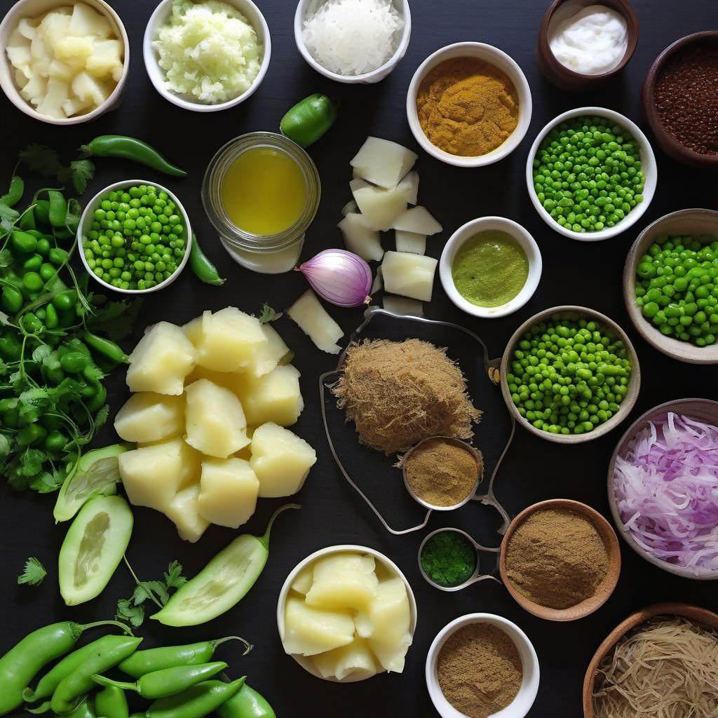 Items needed to answer the question, How do I make samosas with a twist. Items include:  Potatoes  Peas  Onions  Green Chilies  Ginger  Cumin Powder  Coriander Powder  Garam Masala  Turmeric Powder  All-Purpose Flour  Vegetable Oil  Salt