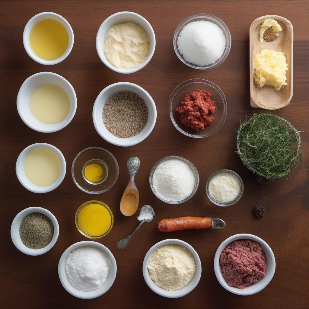 Items needed to answer the question, How do I make delicious Kibinai Discover the joy of Lithuanian cuisine with our savory Kibinai recipe. Items include:  All-Purpose Flour  Salt  Unsalted Butter  Water  Vegetable Oil  Onion  Ground Beef  Paprika  Dried Thyme  Salt and Pepper
