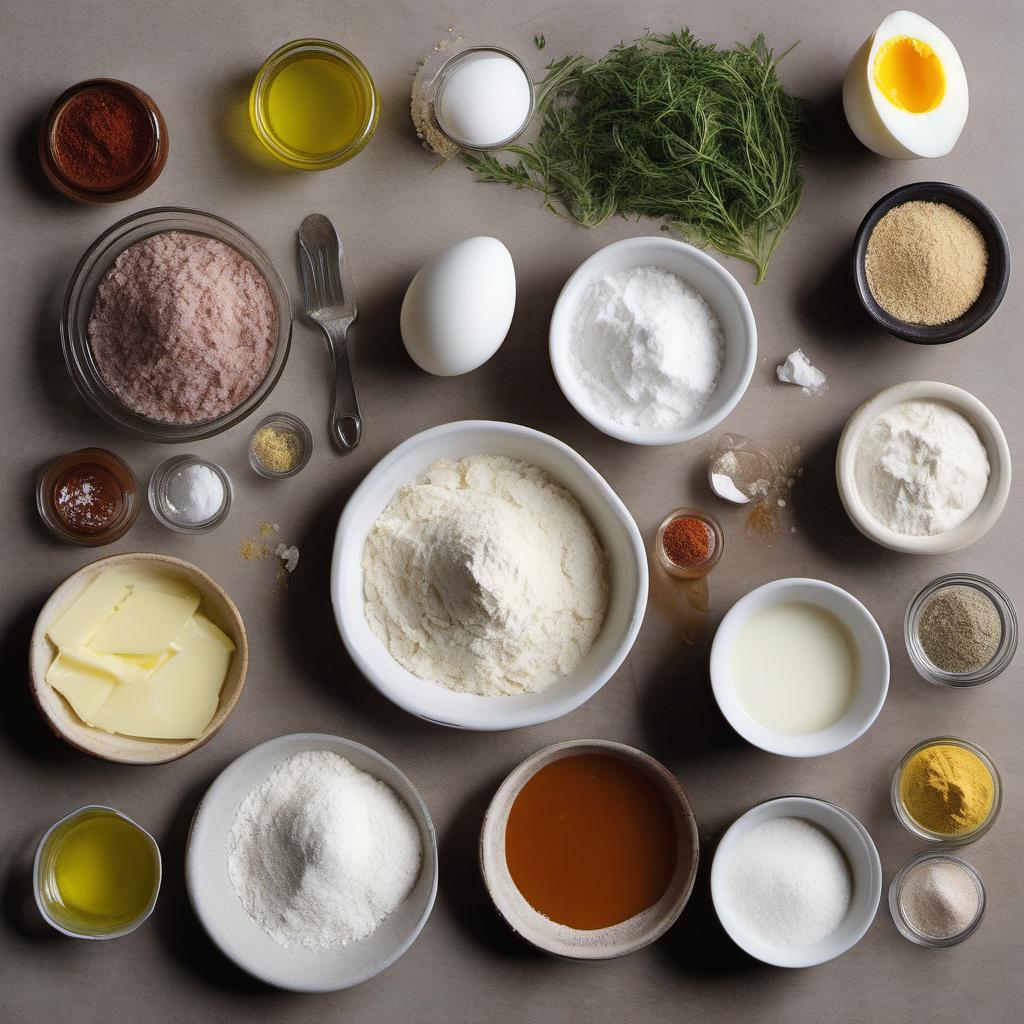 Items needed to answer the question, How do I bake mouthwatering Kibinai Unleash your inner baker with our step-by-step Kibinai recipe guide. Items include:  Flour  Salt  Baking powder  Butter  Milk  Egg  Onion  Garlic clove  Olive oil  Ground meat  Salt and pepper  Herbs or spices