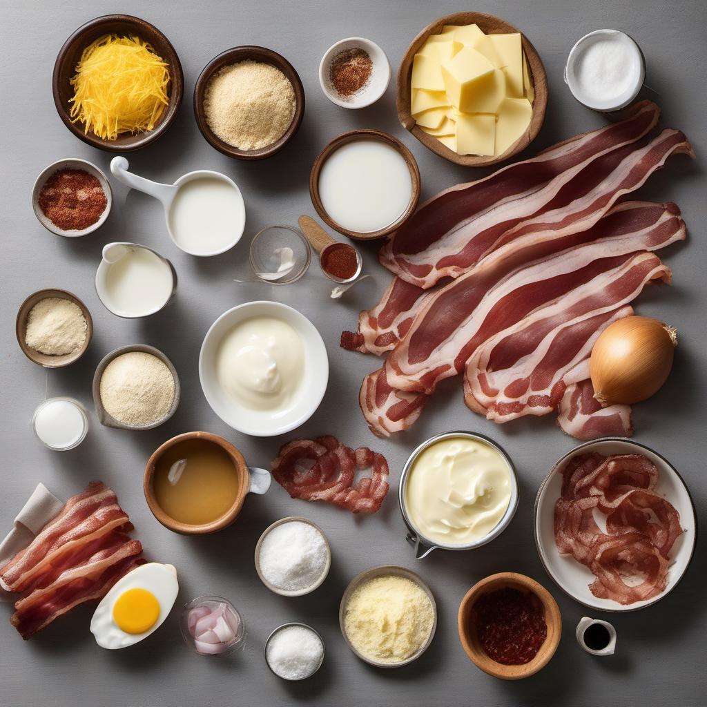 Items needed to answer the question, How do I bake Piragi - Latvian Bacon and Onion Stuffed Rolls. Items include:  Bacon  Onion  All-purpose flour  Salt  Sugar  Active dry yeast  Butter  Milk