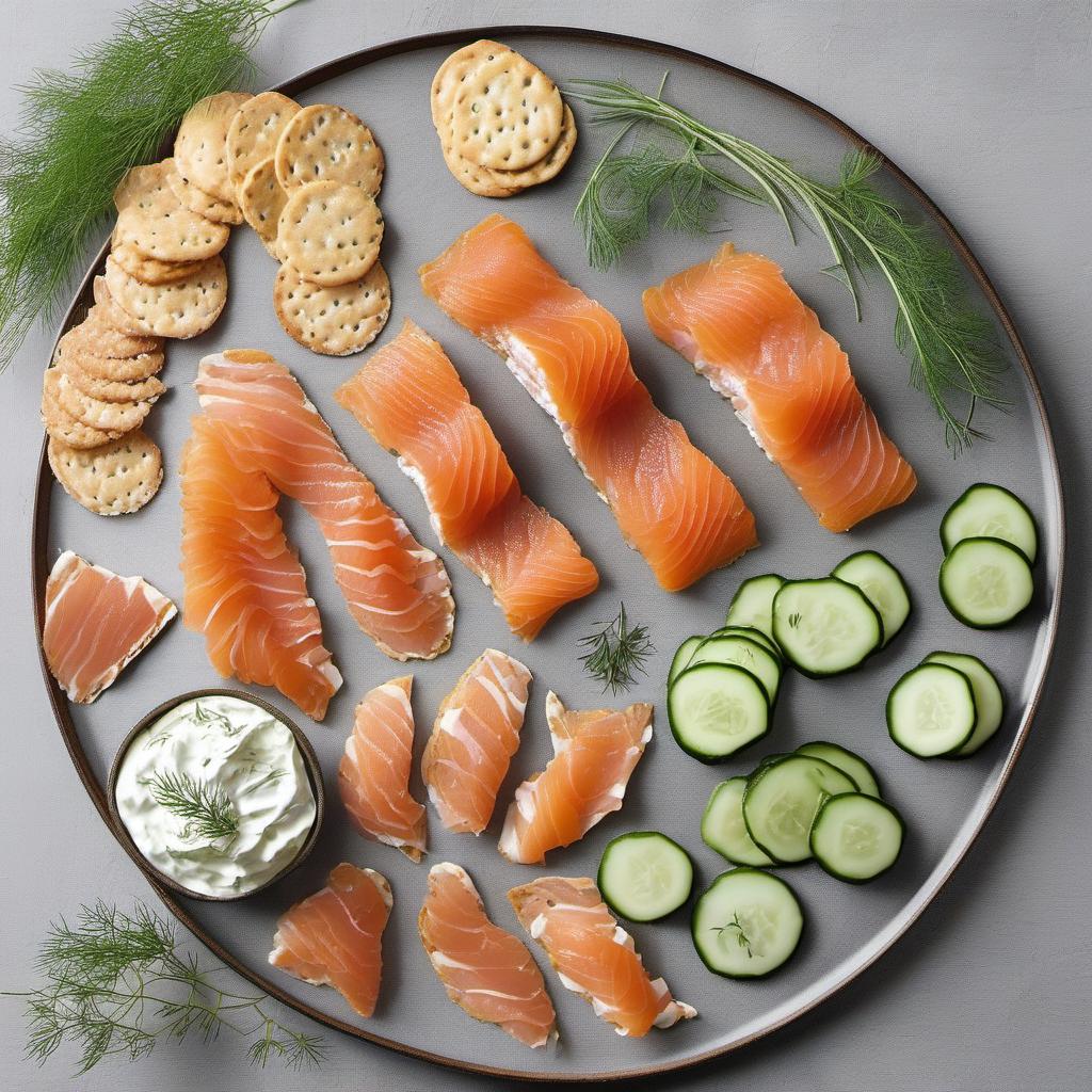 Items needed to answer the question, How do I incorporate Gravlax into delicious appetizers. Items include:  Gravlax  Cream cheese  Mini cucumber slices  Fresh dill sprigs  Small crackers or bread rounds
