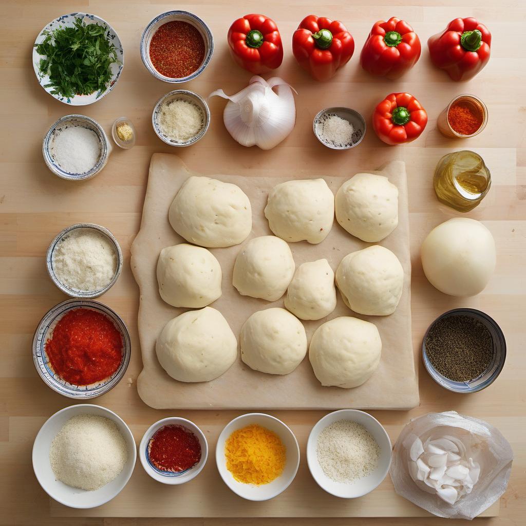 Items needed to answer the question, How do I make shakshuka pizza. Items include:  Pizza dough  Onions  Bell peppers  Garlic  Crushed tomatoes  Cumin  Paprika  Salt  Pepper  Cheese  Fresh herbs  Red pepper flakes  Olive oil