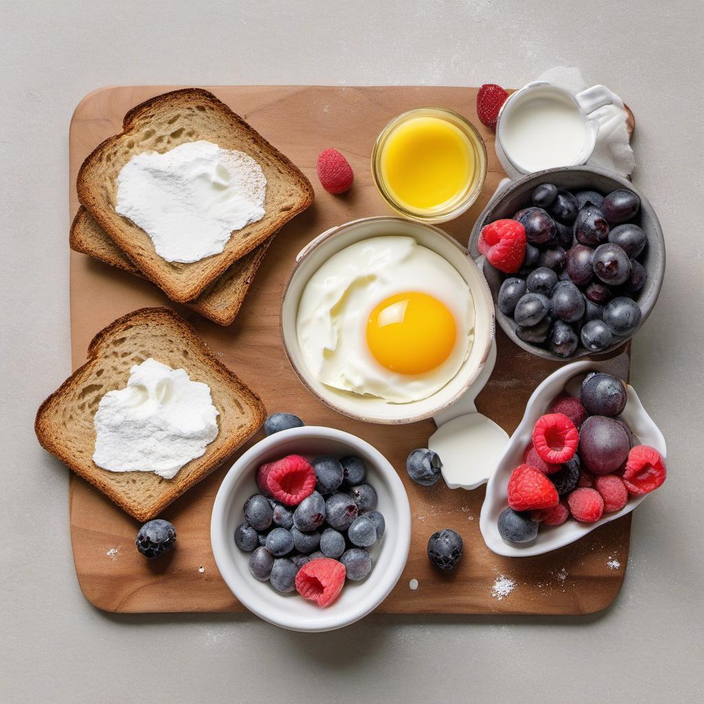 Items needed to answer the question, How do I make Berry Stuffed French Toast. Items include:  Bread  Mixed Berries  Cream Cheese  Eggs  Milk  Butter  Powdered Sugar
