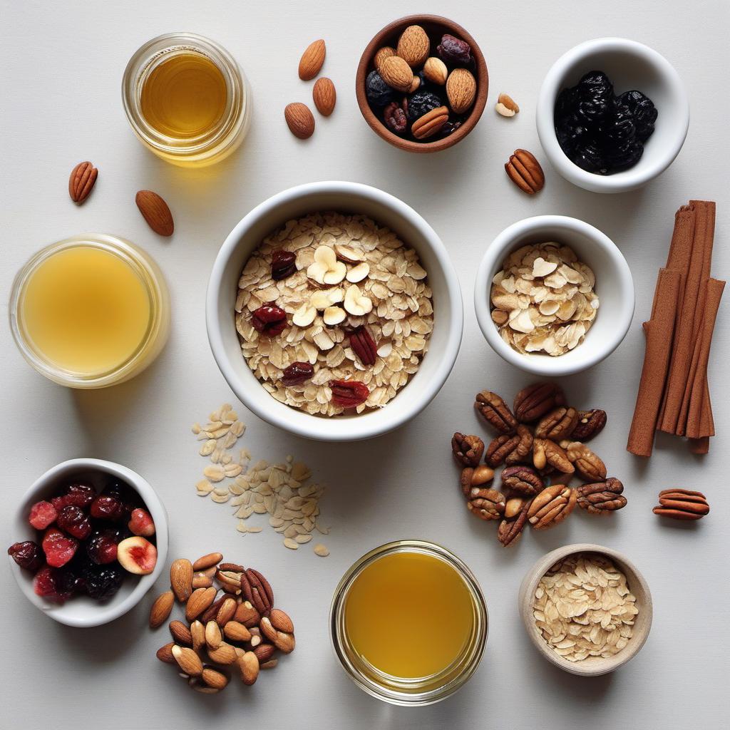 Items needed to answer the question, How do I make a delicious homemade granola with yogurt and fruit. Items include:  Rolled oats  Mixed nuts  Honey  Coconut oil  Vanilla extract  Cinnamon  Salt  Dried fruit
