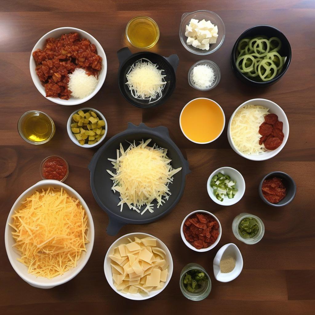 Items needed to answer the question, How do I spice up my game-day with Queso Fundido bites. Items include:  Shredded Cheddar cheese  Shredded Monterey Jack cheese  Cooked crumbled chorizo  Chopped pickled jalapeños  Chili powder