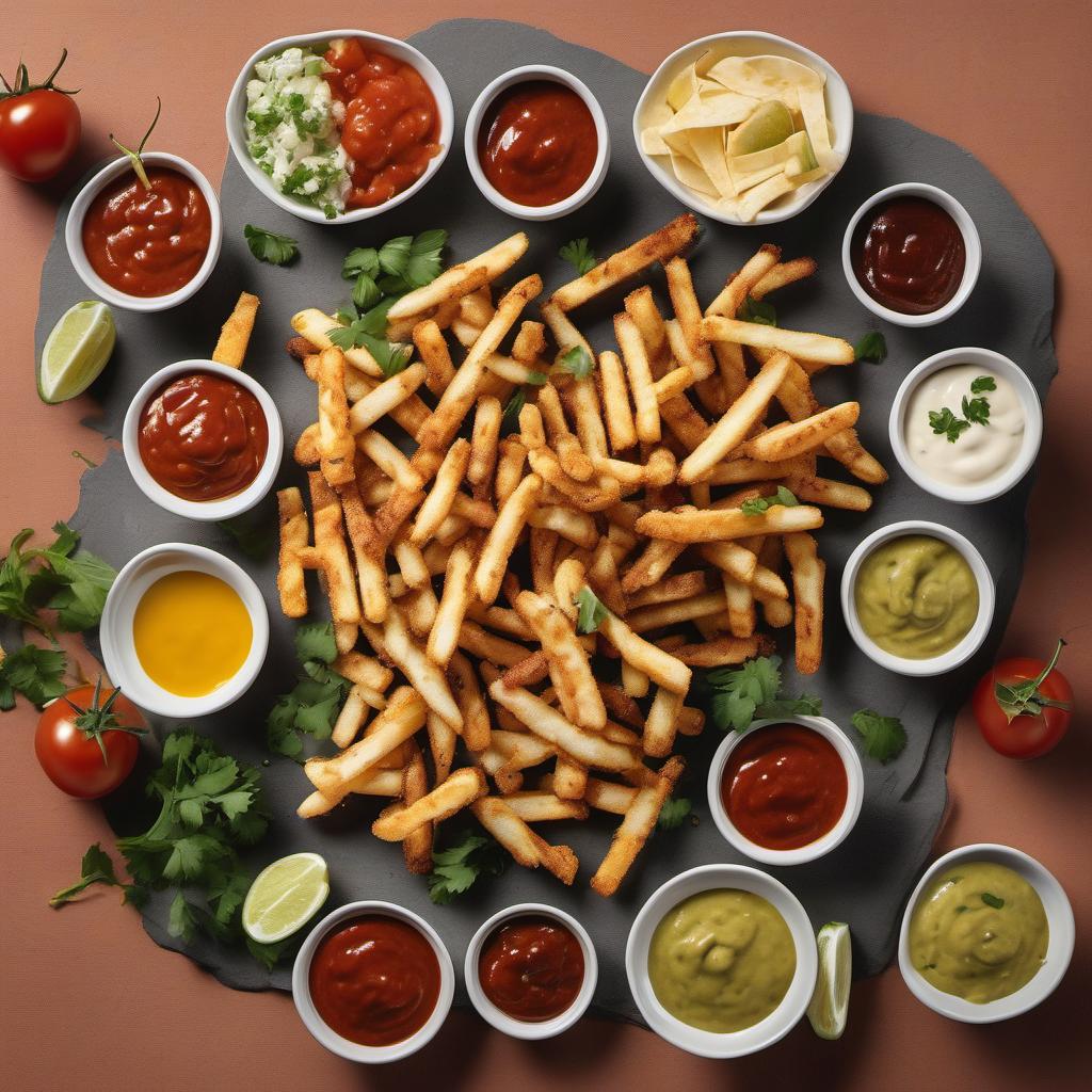 Items needed to answer the question, How do I serve Halloumi Fries with a twist. Items include:  Halloumi Fries  Dipping Sauce  Toppings  Salsa  Garnishes