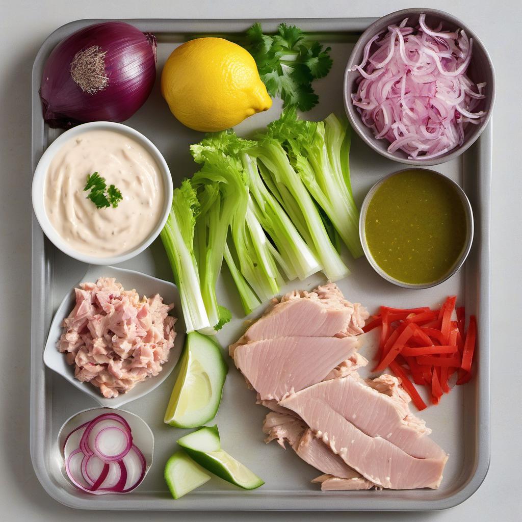 Items needed to answer the question, How do I jazz up a Tuna Salad Sandwich. Items include:  Tuna  Mayonnaise  Dijon Mustard  Garlic Powder  Lemon Juice  Paprika  Cayenne Pepper  Salt  Pepper  Celery  Red Onion  Pickles or Relish  Bread  Lettuce  Tomato