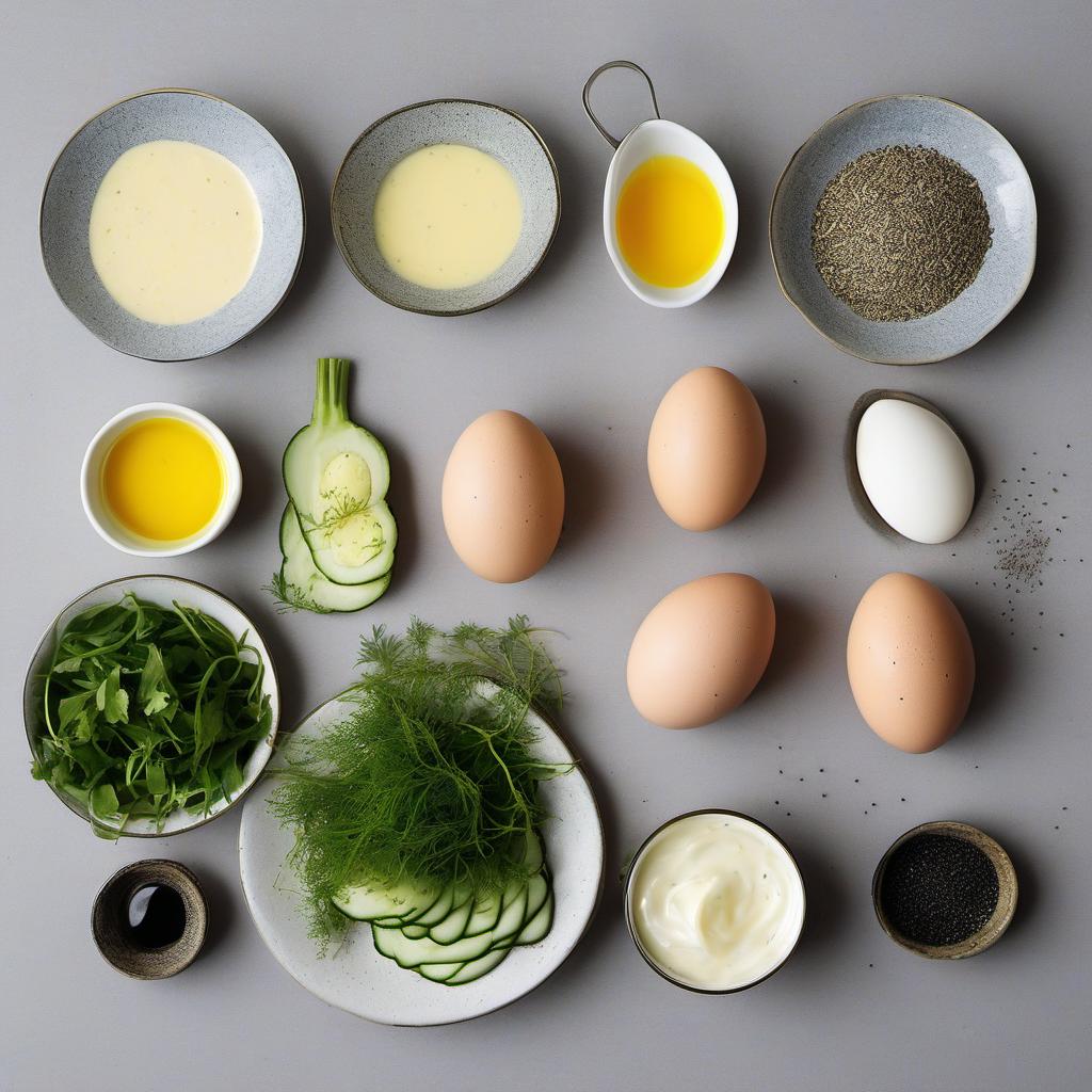 Items needed to answer the question, How do I make a gourmet Egg Salad Sandwich. Items include:  Eggs  Mayonnaise  Dijon mustard  Fresh dill  Lemon juice  Salt  Pepper  Bread  Arugula  Cucumber  Black sesame seeds