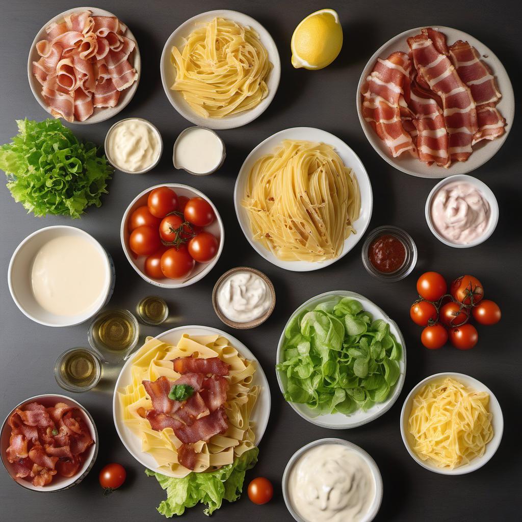 Items needed to answer the question, How do I create a mouthwatering BLT pasta salad. Items include:  Pasta  Bacon  Lettuce  Tomatoes  Mayonnaise  Sour Cream  Lemon Juice  Salt  Pepper