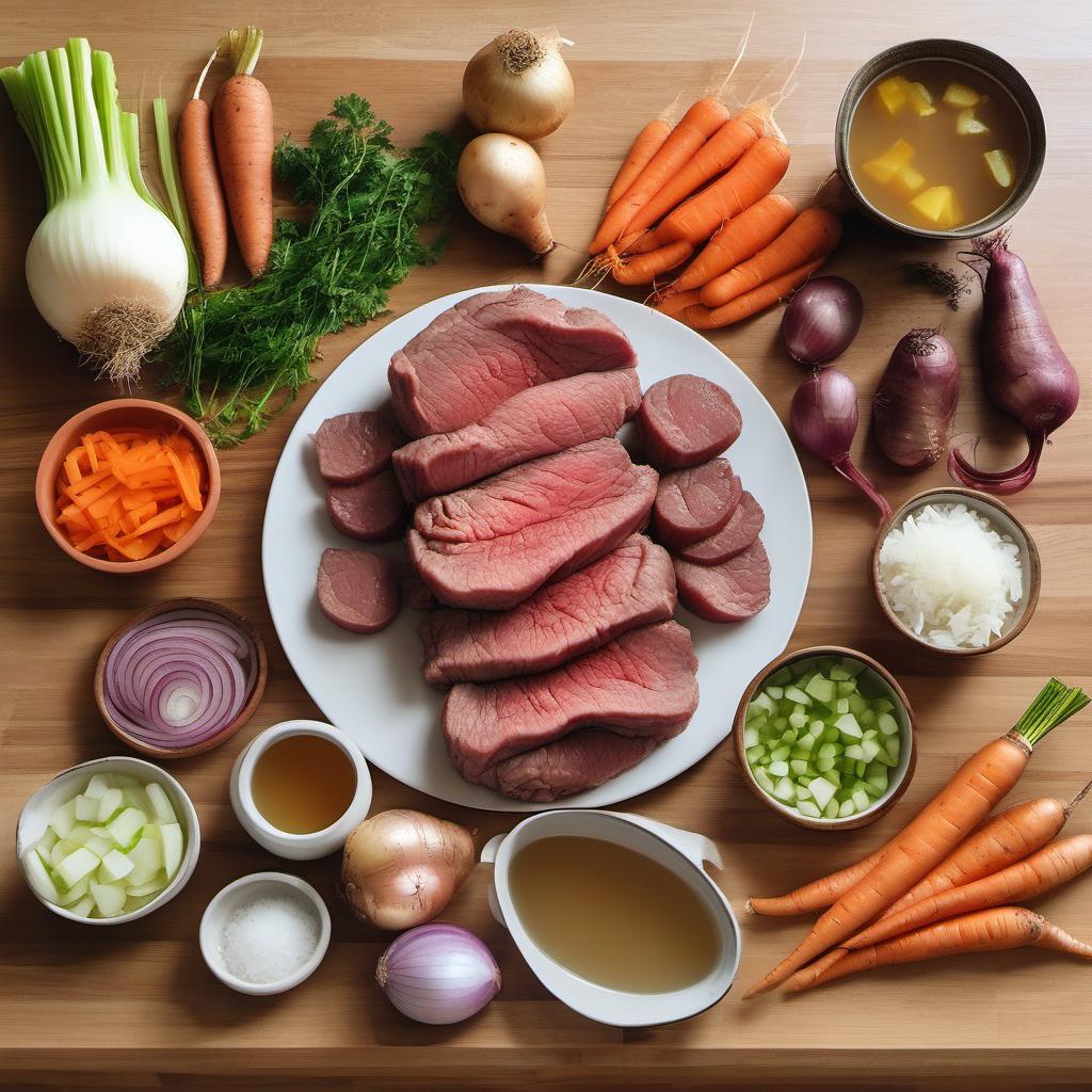 Items needed to answer the question, How do I make a hearty beef and vegetable stew. Items include:  Beef  Onions  Carrots  Celery  Potatoes  Beef Broth  Salt  Pepper
