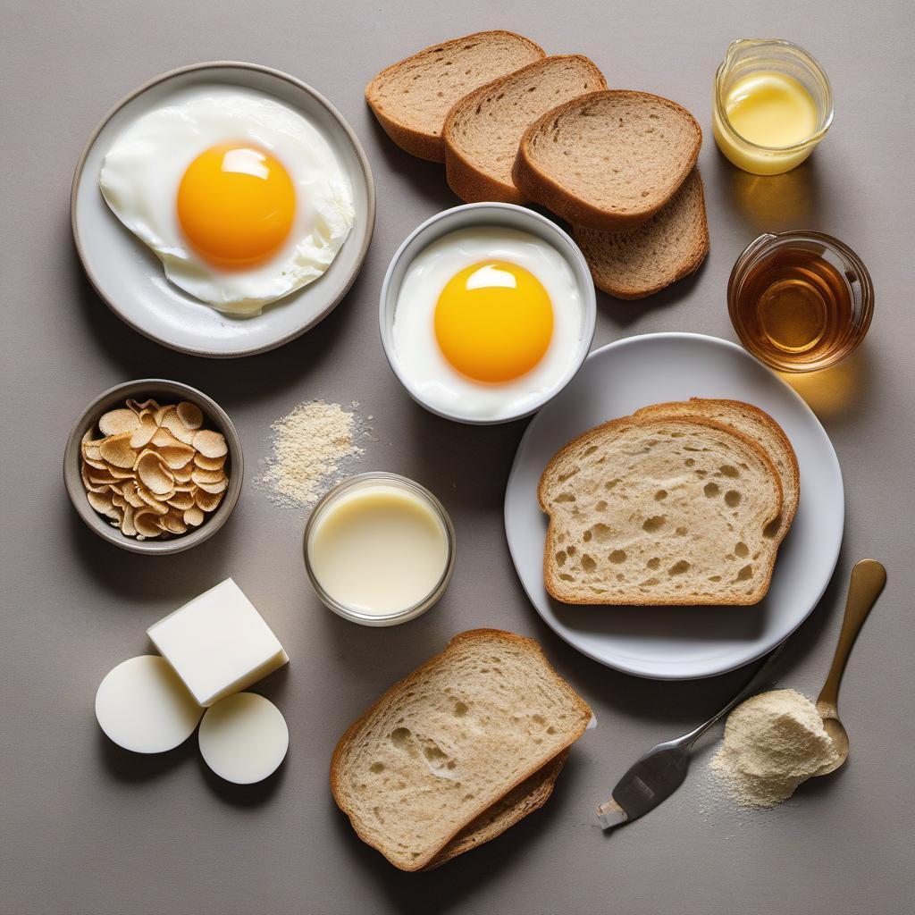 Items needed to answer the question, How do I prepare cereal French toast. Items include:  bread slices  favorite cereal  eggs  milk  vanilla extract  butter  maple syrup or powdered sugar