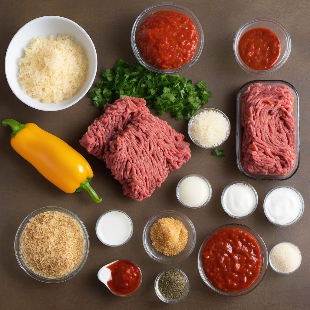 Items needed to answer the question, How do I make mashed potato stuffed meatloaf. Items include:  Ground beef  Breadcrumbs  Milk  Ketchup  Onion  Bell pepper  Garlic  Worcestershire sauce  Dried oregano  Salt  Black pepper  Mashed potatoes  Cheddar cheese