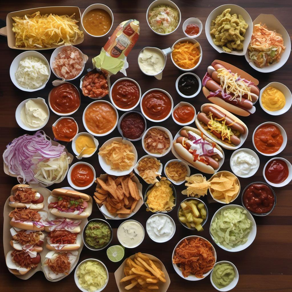 Items needed to answer the question, How do I jazz up my hot dogs Fun and flavorful toppings to try. Items include:  hot dogs  sauces  condiments  international toppings  crunchy toppings