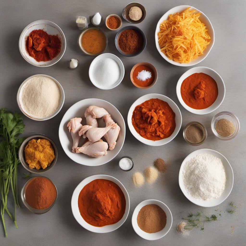 Items needed to answer the question, How do I make spicy fried chicken. Items include:  Chicken pieces  Buttermilk  Hot sauce  Salt  All-purpose flour  Paprika  Cayenne pepper  Garlic powder  Onion powder  Black pepper  Vegetable oil