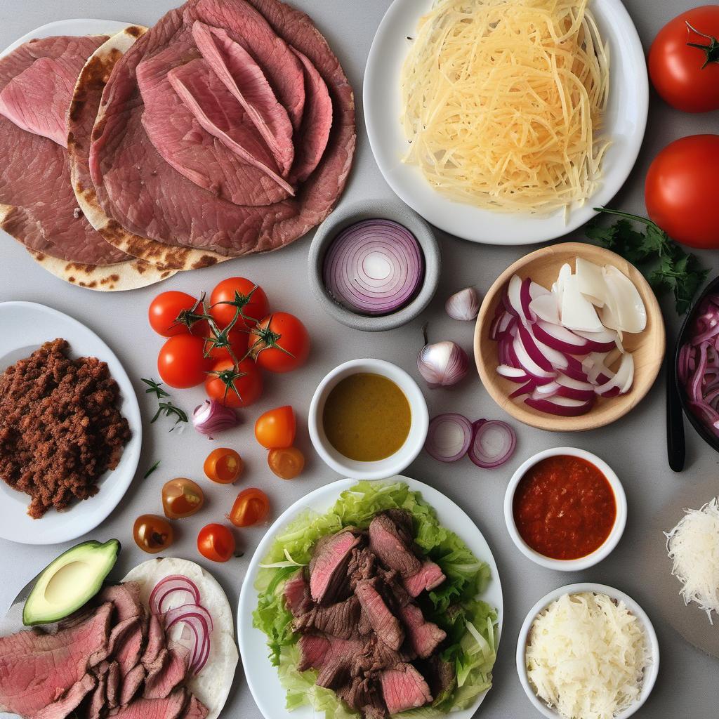 Items needed to answer the question, How do I prepare mouthwatering beef and cheese quesadillas. Items include:  beef  cheese  tortillas  onions  tomatoes  garlic  salt  pepper