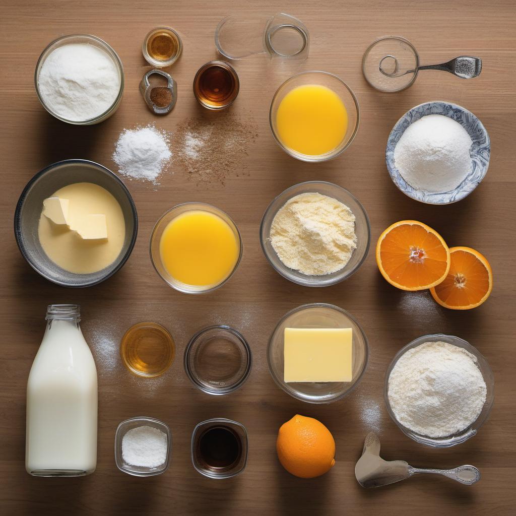 Items needed to answer the question, How do I bake orange juice-infused muffins. Items include:  All-purpose flour  Granulated sugar  Baking powder  Pinch of salt  Freshly squeezed orange juice  Milk  Melted butter  Vanilla extract  Orange zest