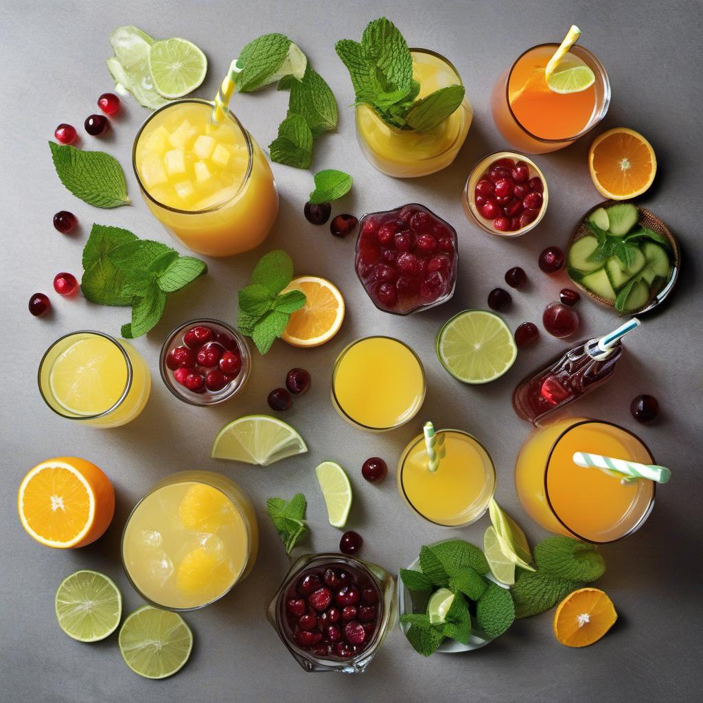 Items needed to answer the question, How do I make a refreshing Fruit Punch. Items include:  Fruits  Simple Syrup  Pineapple Juice  Orange Juice  Cranberry Juice  Carbonated Lemon-Lime Soda  Ice  Mint Sprigs